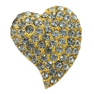 TARA Gold Heart Brooch Covered in Clear White Rhinestones Romantic Statement